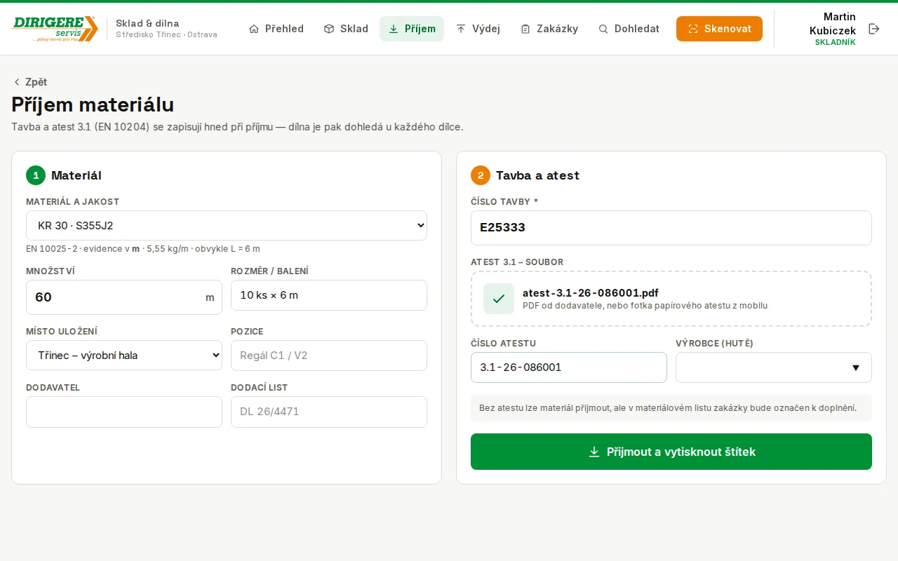 Formulář příjmu – materiál, tavba, atest