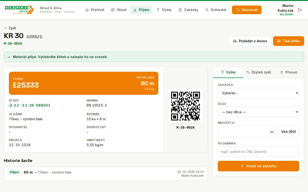 Přijatá šarže s tavbou, atestem a QR kódem