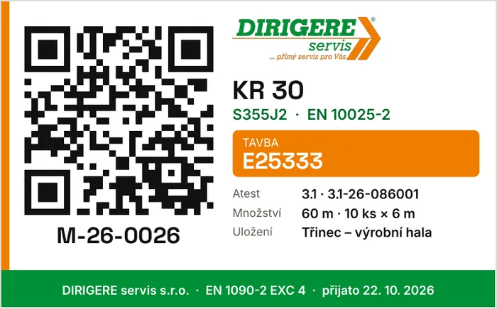 QR štítek šarže – materiál, tavba, atest, uložení
