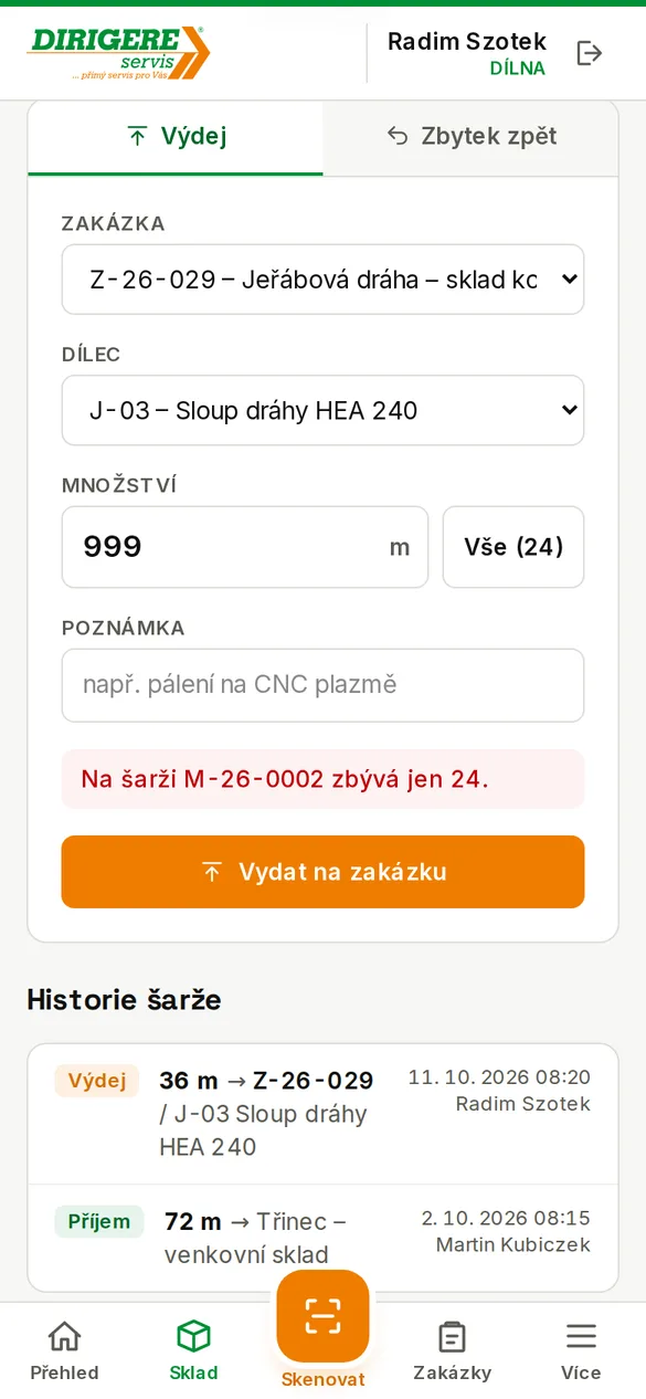 Výdej nad stav šarže – aplikace odmítne