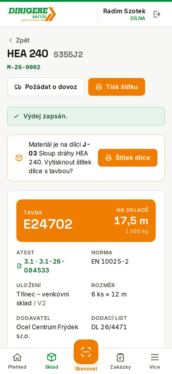 Výdej zapsán, nabídka štítku dílce