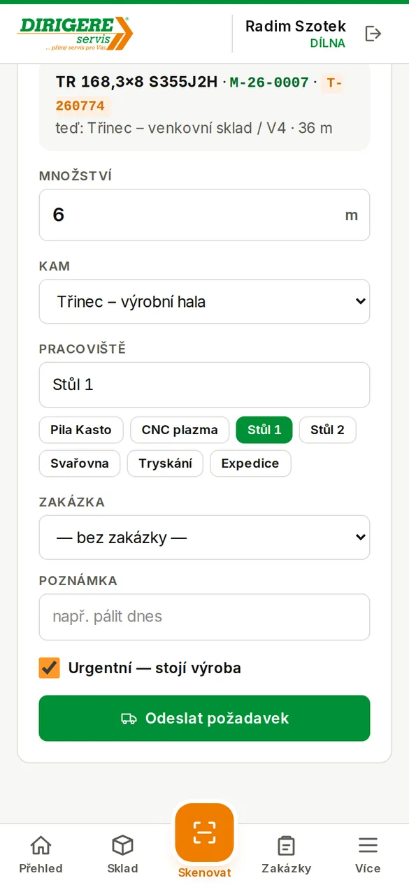 Požadavek na dovoz – množství, cíl, pracoviště, urgentní