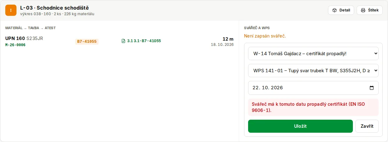 Svářeč s propadlým certifikátem – zápis odmítnut