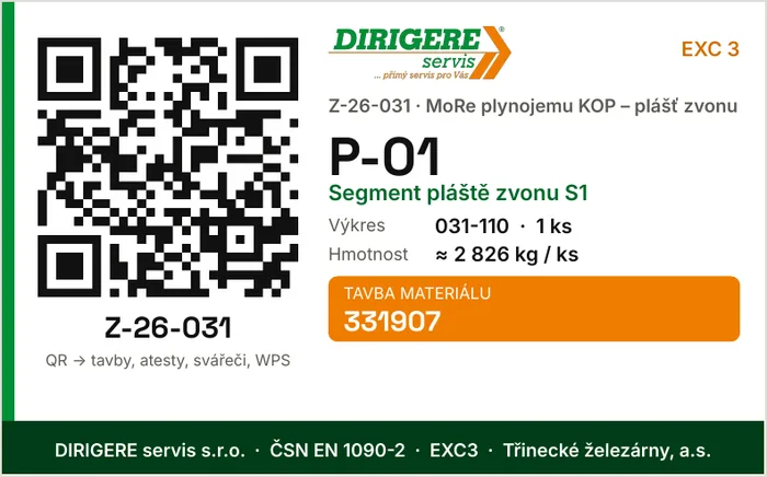 Štítek dílce 100 × 62 mm s tavbou a QR