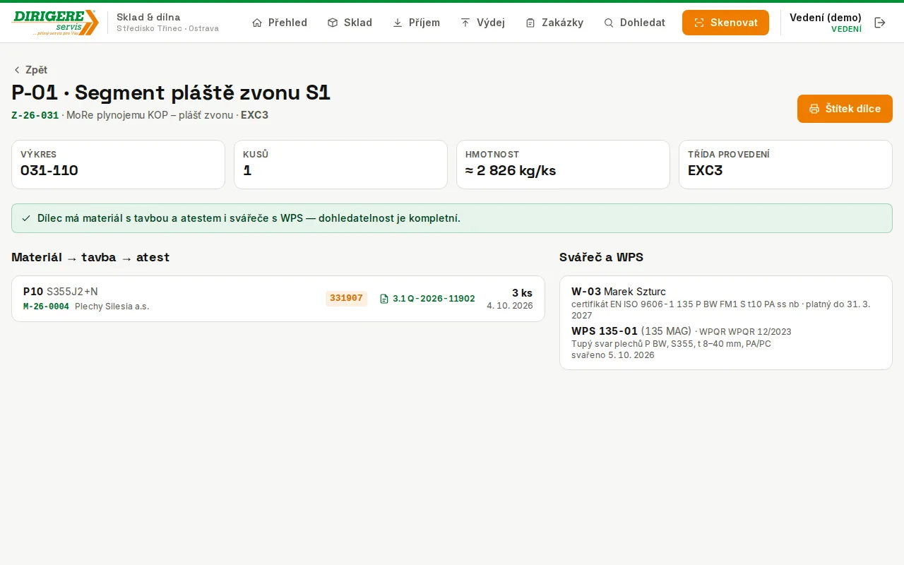 Detail dílce po naskenování QR