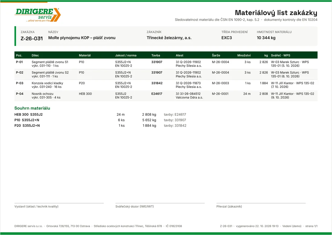 Materiálový list zakázky v PDF